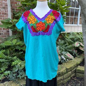 Mexican Traditional Artisan Embroidered Cotton Floral Top Huipil Blouse L/XL